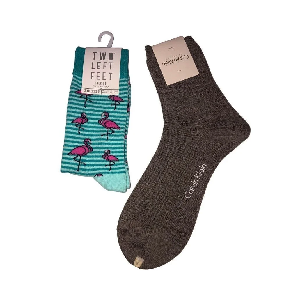 Large Socks 2 Pair Calvin Klein Two Left Feet Flamingos Blue Striped Brown NWT